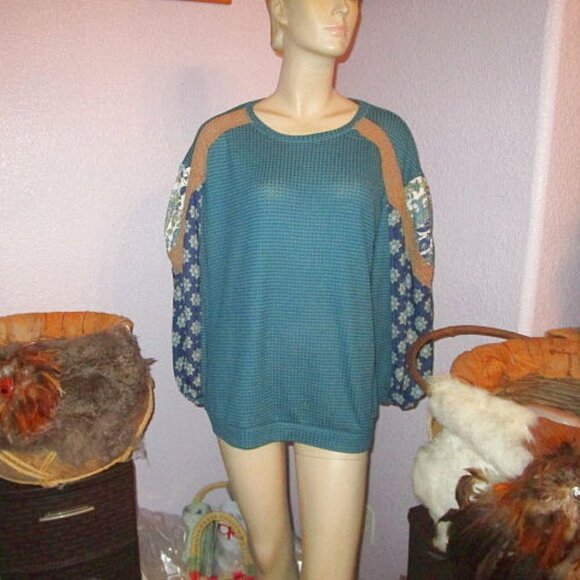 Avenue WAFFLE Knit Size 14 16 TUNIC Top THERMAL Mix Media CROCHET Balloon Sleeve - Picture 1 of 10